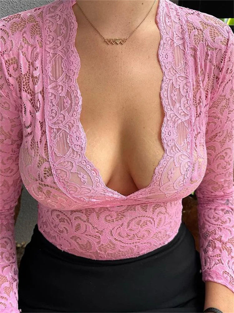 V-Neck Lace Flare Sleeve Transparent Top