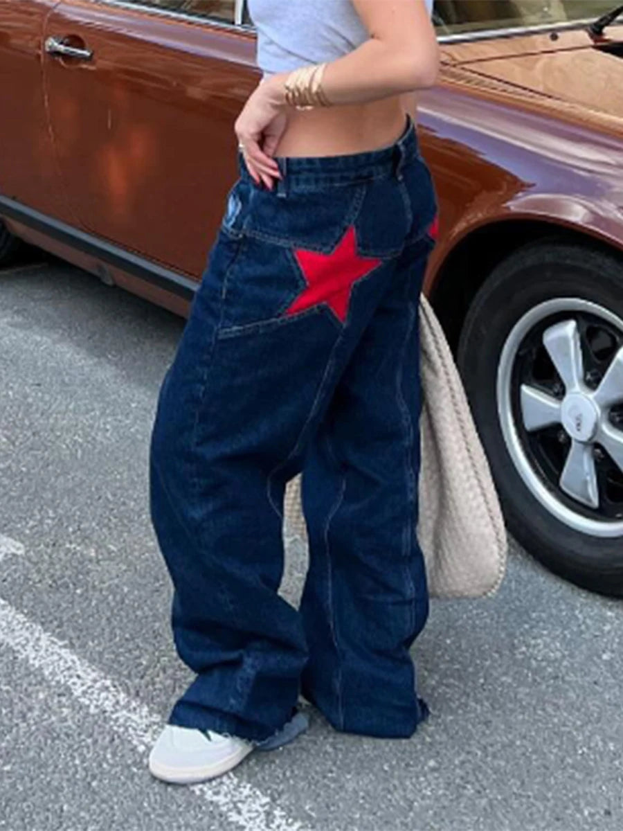 Vintage Star Pattern Loose Straight-Leg Jeans
