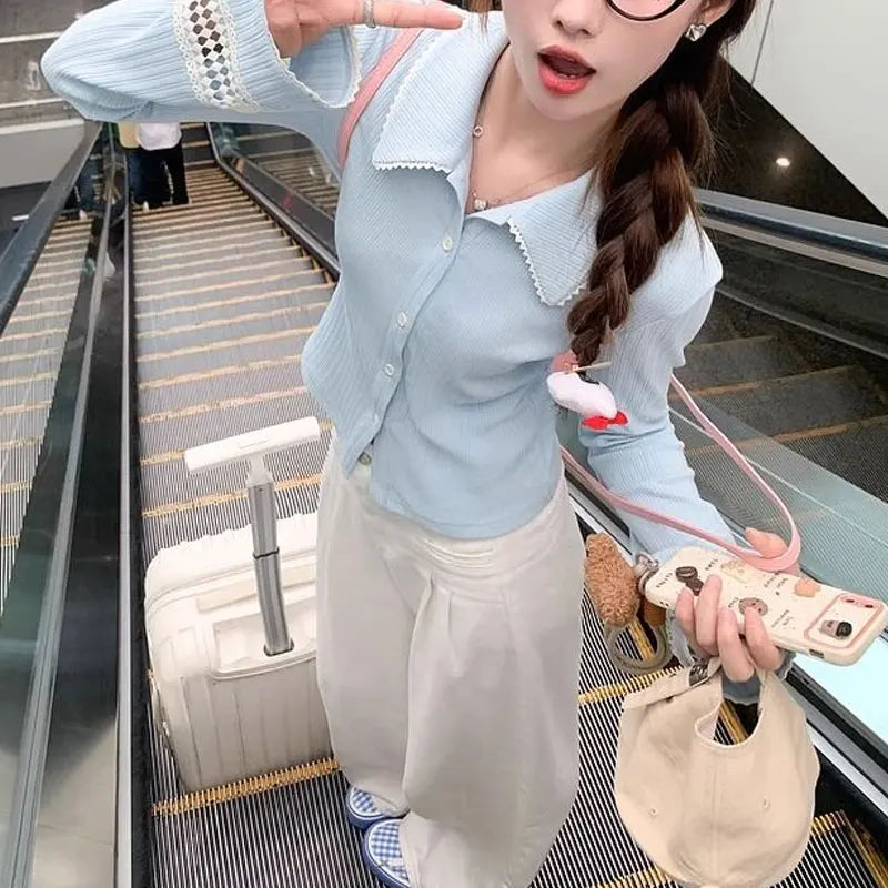 Cream & Baby Blue Knitted Hollow-Out Long Sleeve T-shirt