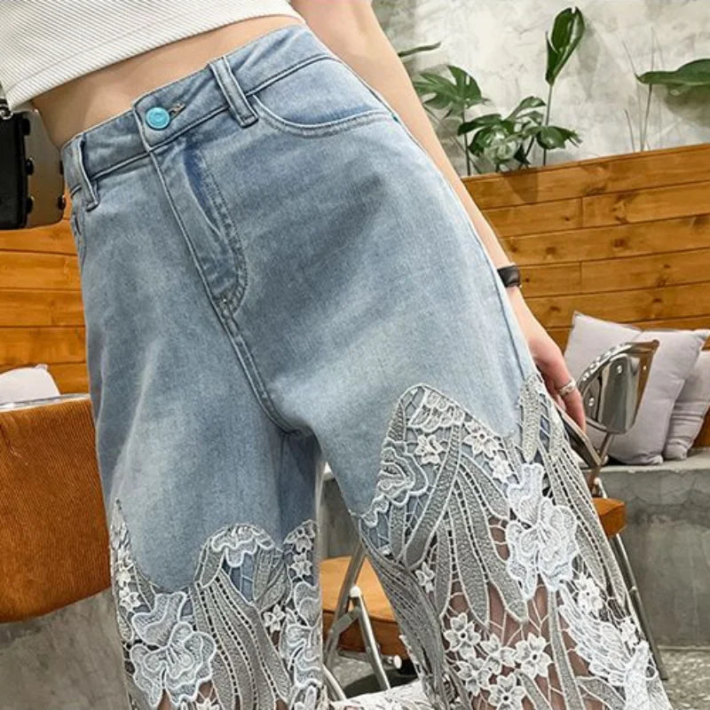 Grunge Lace and Rhinestone Straight-Leg Capris