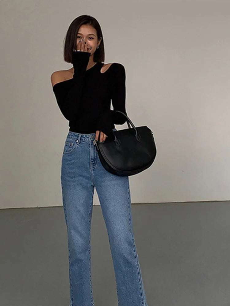 Skew Collar Off-Shoulder Slim Crop Top