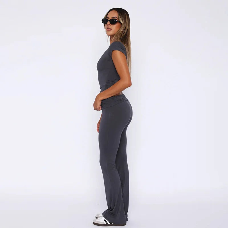 Crop Crew Tee & Fold-Over Flare Pants Set