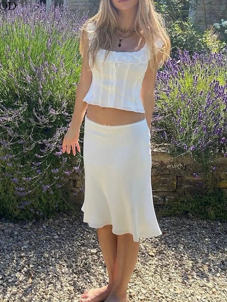 White Lace Crop Top & Midi Skirt Set