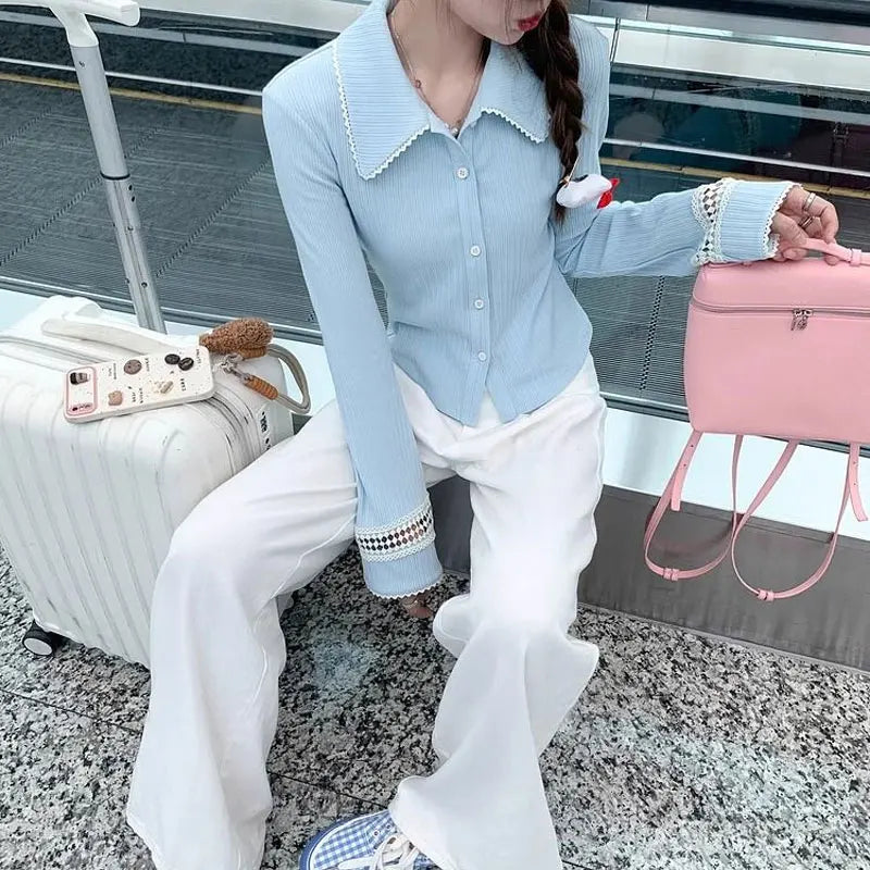 Cream & Baby Blue Knitted Hollow-Out Long Sleeve T-shirt