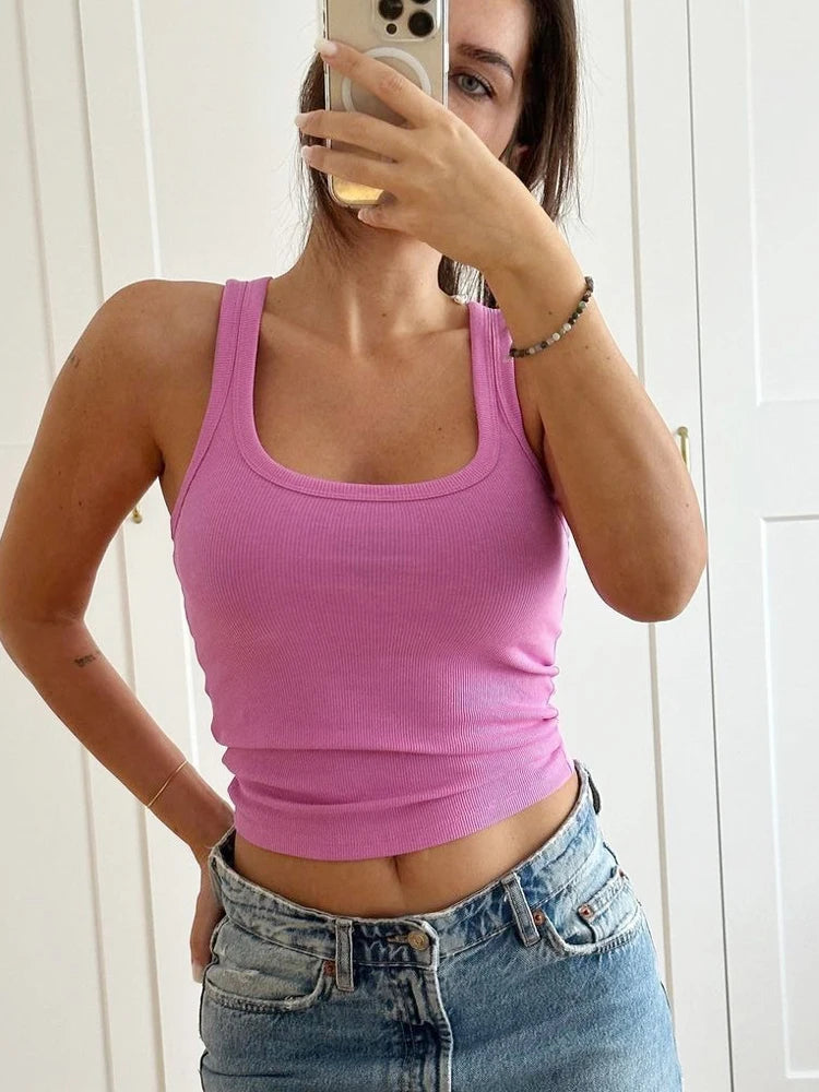 Summer Ribbed Solid Straps Crop Tank Top