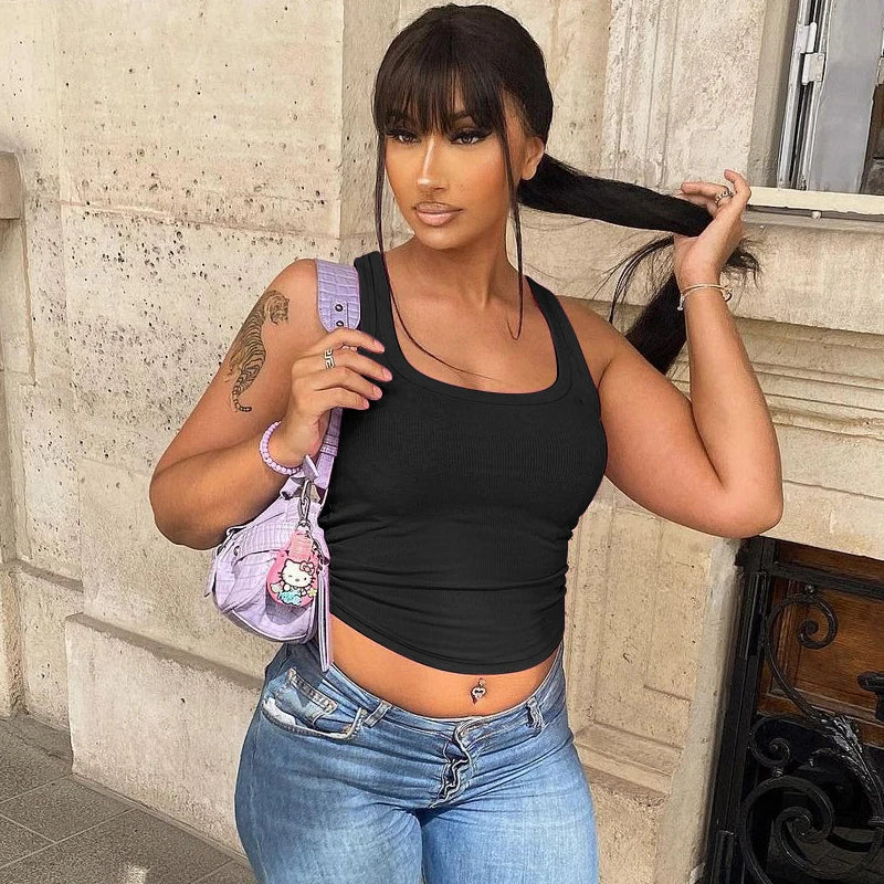 Summer Ribbed Solid Straps Crop Tank Top