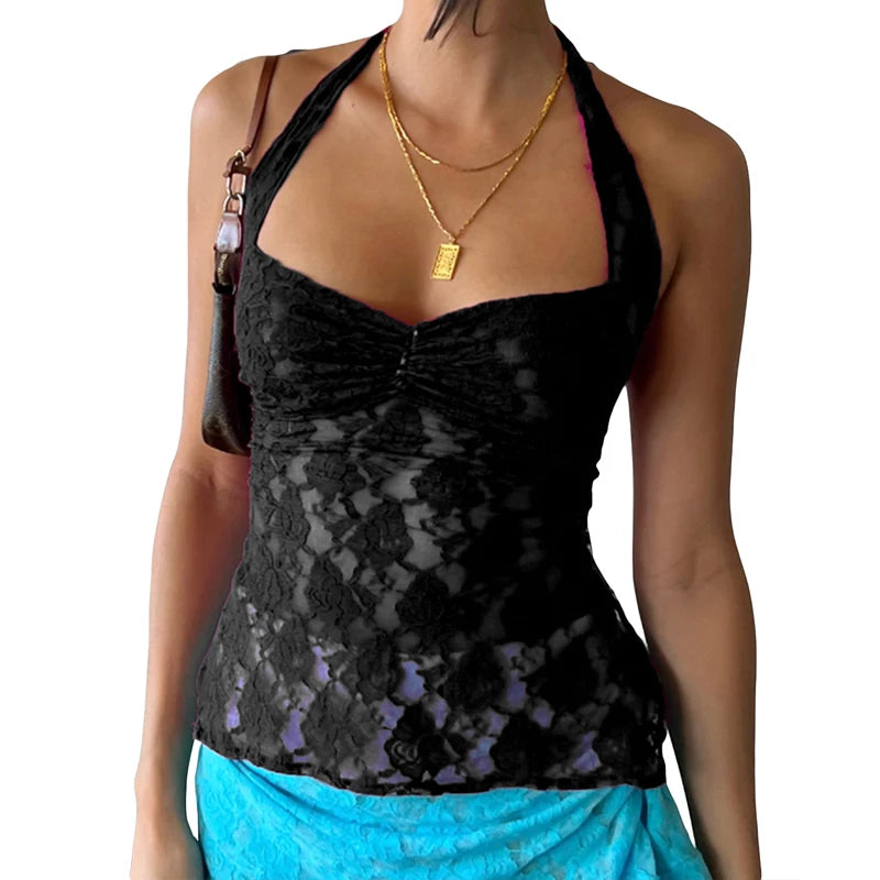 Fairycore Retro Tie-Up Floral Lace Halter Crop Top