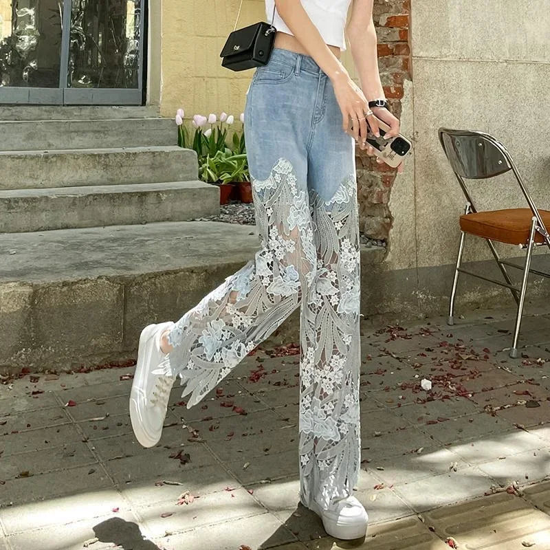 Grunge Lace and Rhinestone Straight-Leg Capris