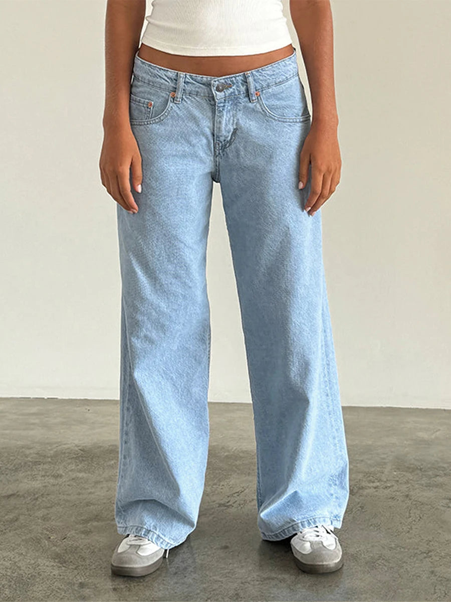 Y2K Vintage Zipper Button Low-Waist Baggy Jeans