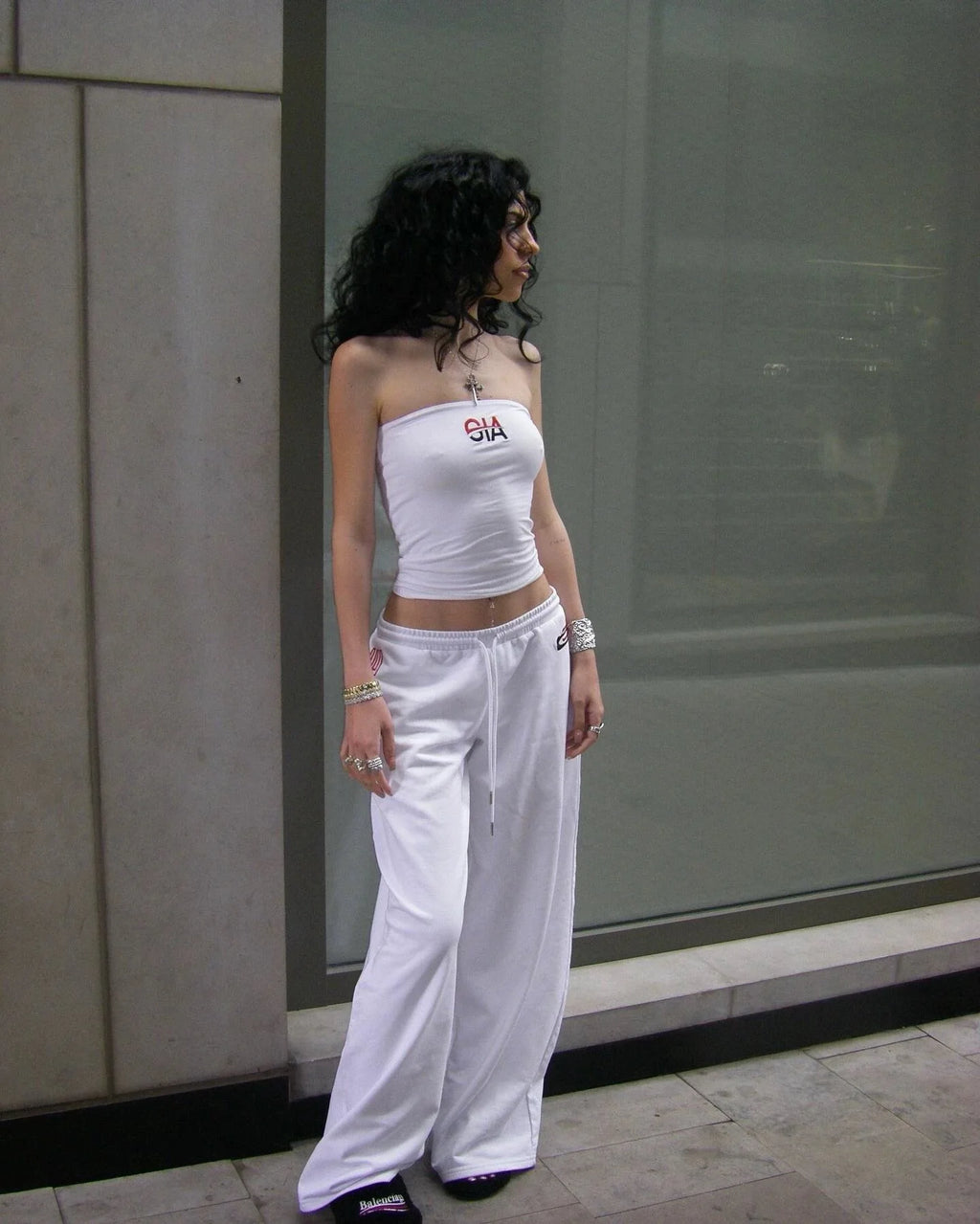 White Strapless Top & Embroidered Low-Rise Sweatpants