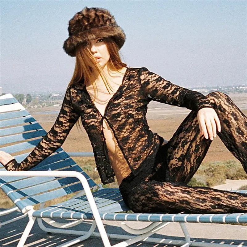 Y2K Lace Sheer Button-Down Crop Top