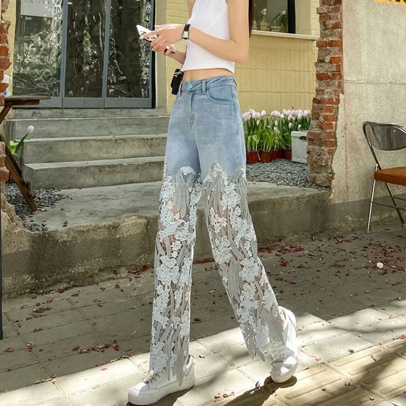 Grunge Lace and Rhinestone Straight-Leg Capris