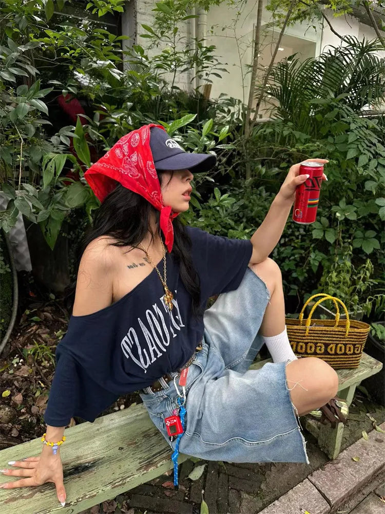 Loose Off-Shoulder Graphic Letter Tee