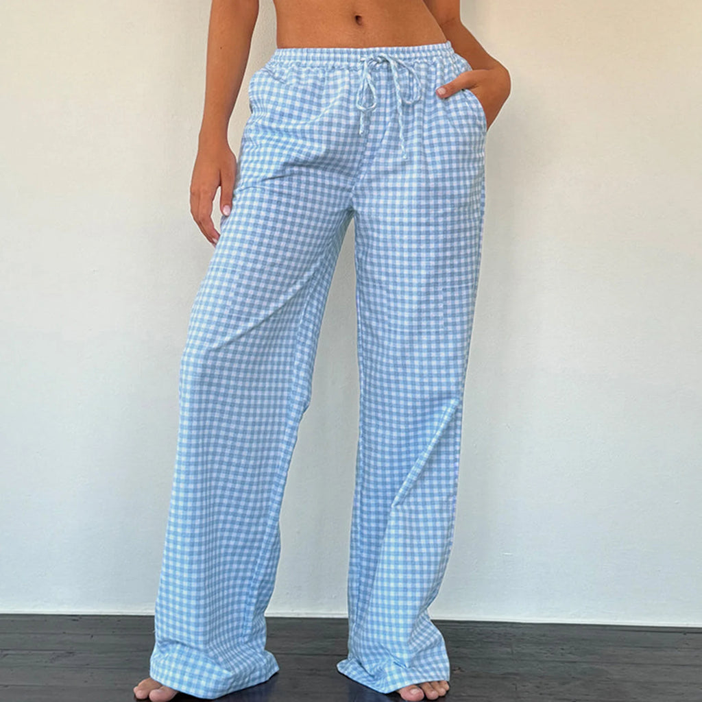 Plaid & Solid Color Wide-Leg Drawstring Pants