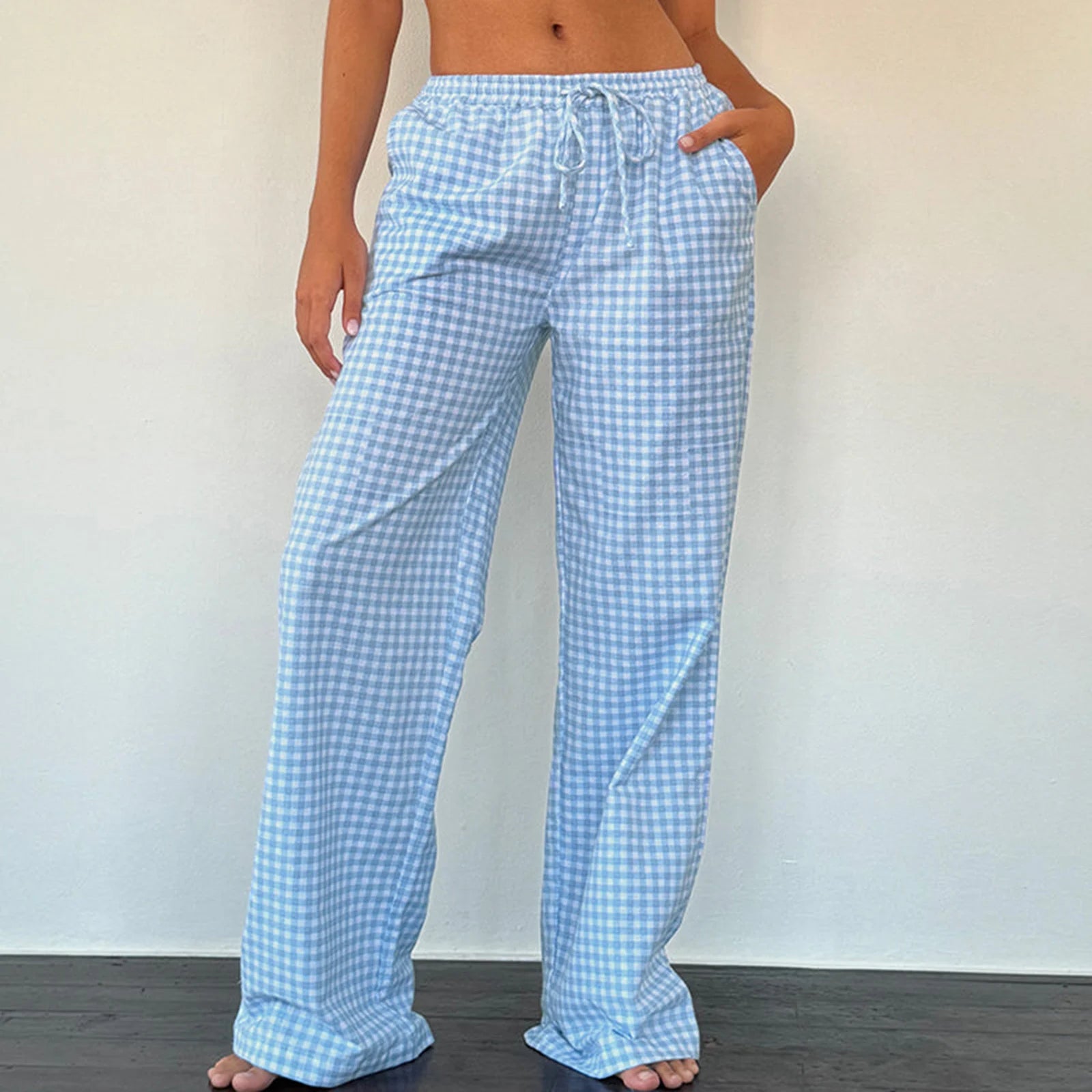 Plaid & Solid Color Wide-Leg Drawstring Pants
