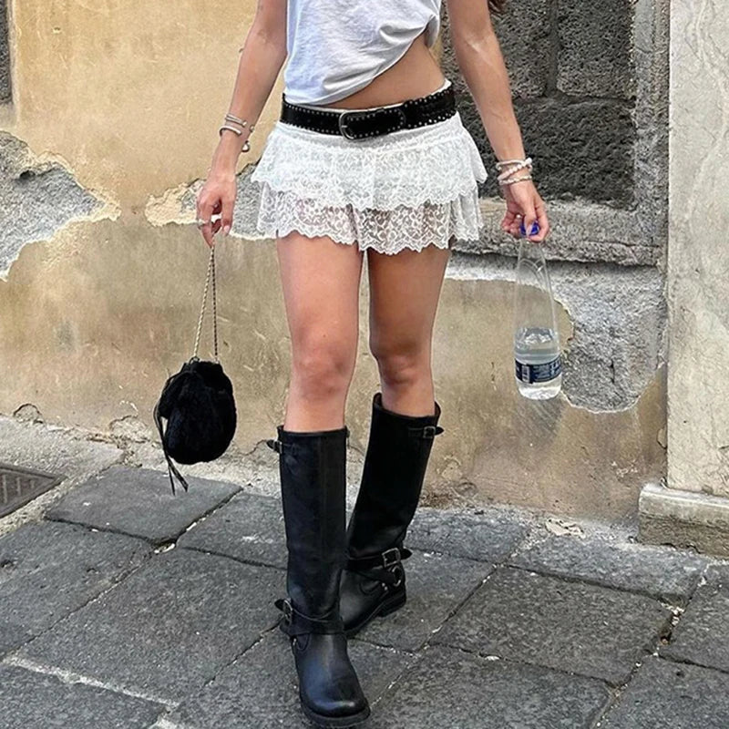 Casual Ruffled Lace Y2K Mini Skirt