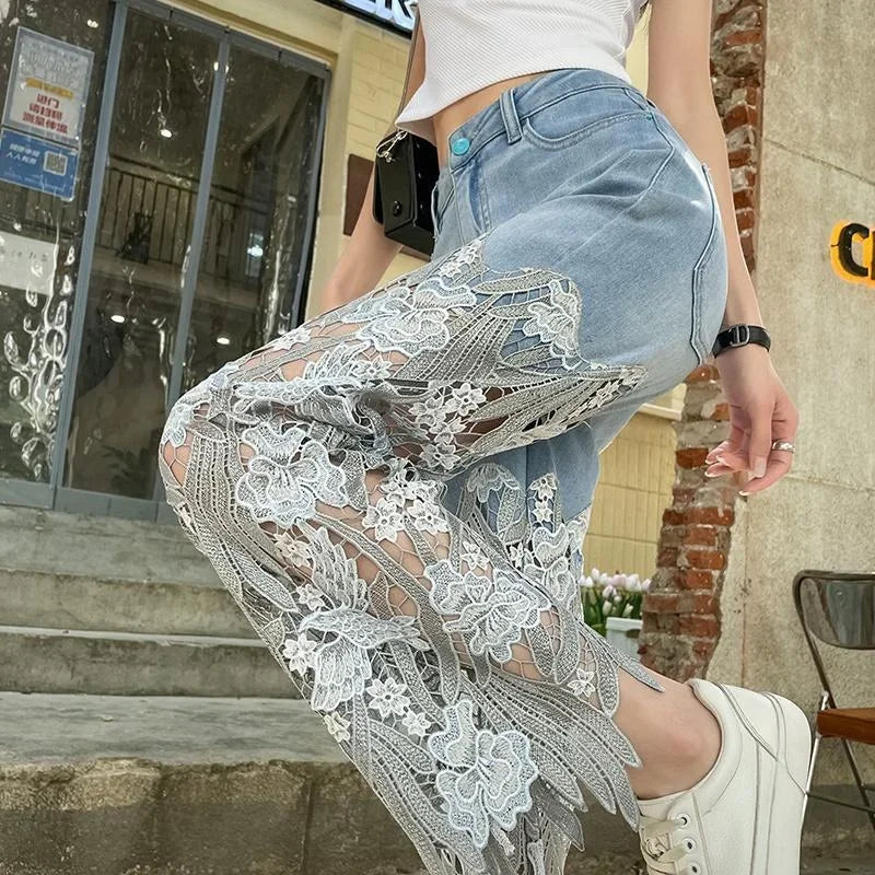 Grunge Lace and Rhinestone Straight-Leg Capris