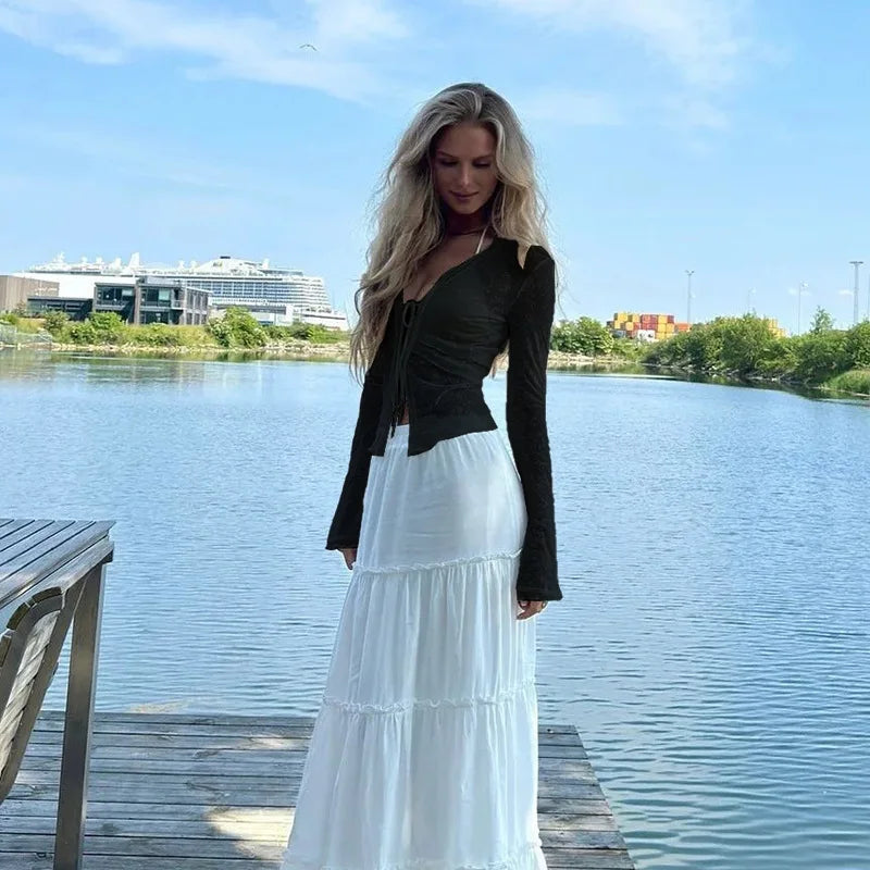 Lace Flare Sleeve V-Neck See-Through Top