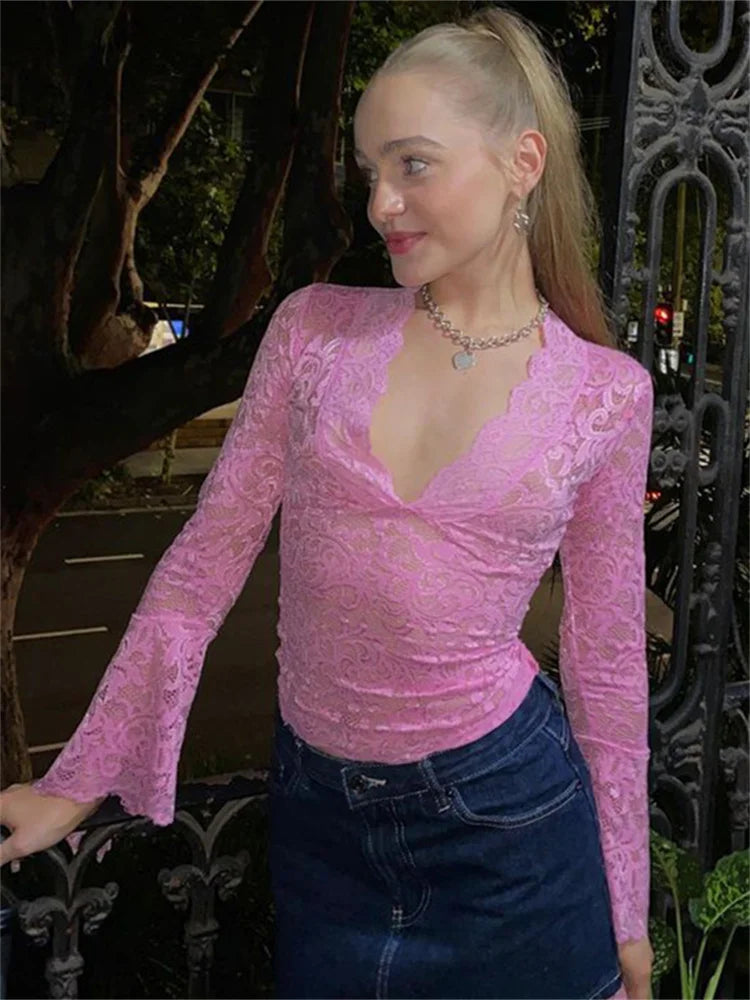 V-Neck Lace Flare Sleeve Transparent Top