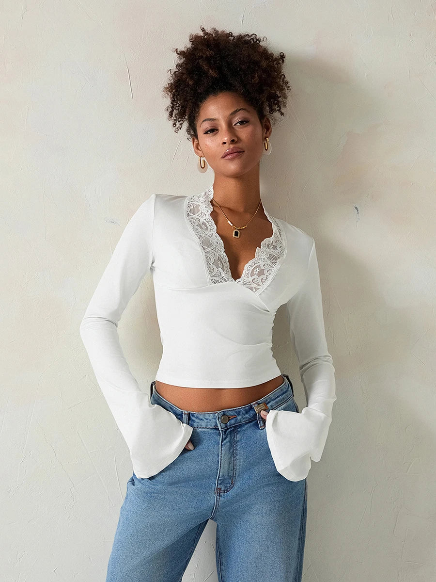 Elegant V-Neck Lace Patchwork Flared Sleeve Top