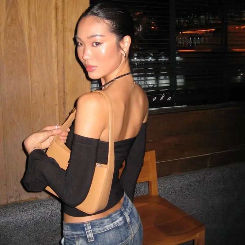 Vintage Off-Shoulder Long Sleeve Crop Top