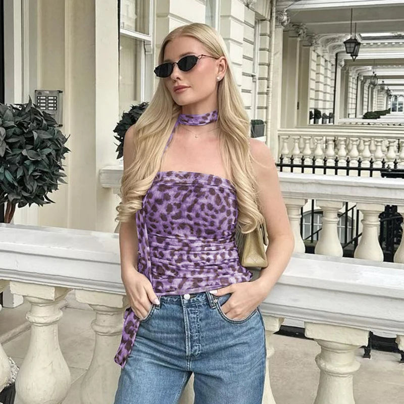 Mesh Leopard Print Scarf Strapless Draped Crop Top