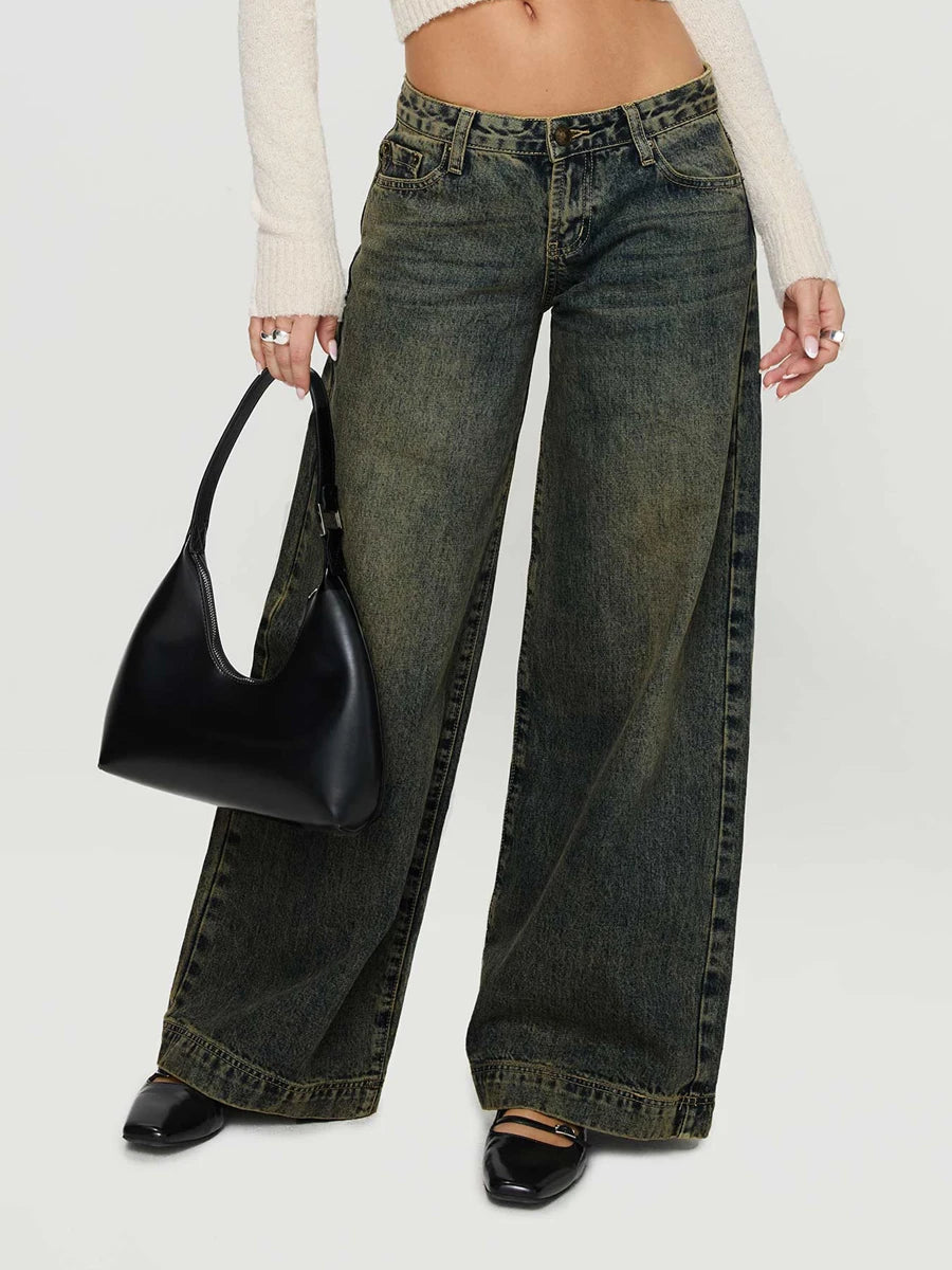 Vintage Loose Fit Bow-Print Wide Leg Jeans