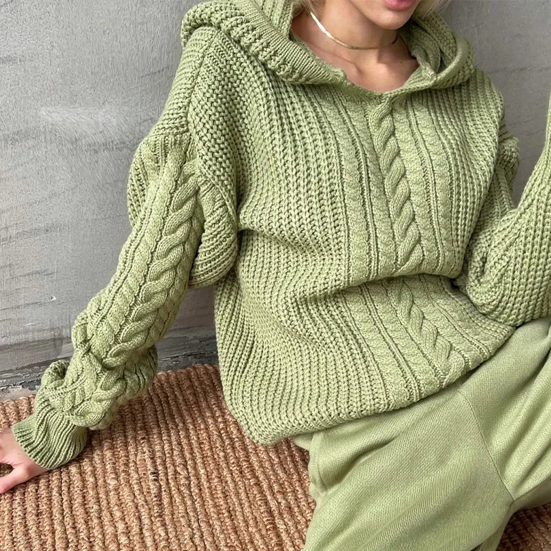 Knitted Hooded Long Sleeve Oversized Sweater