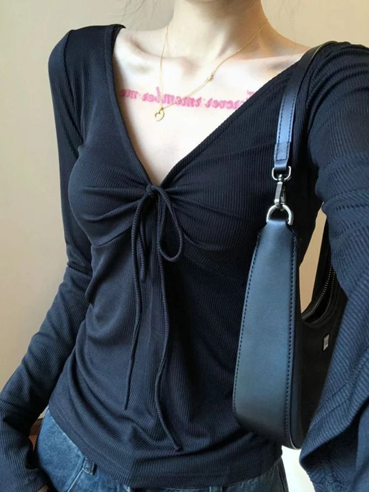 V-Neck Bandage Slim Fit Long Sleeve Top