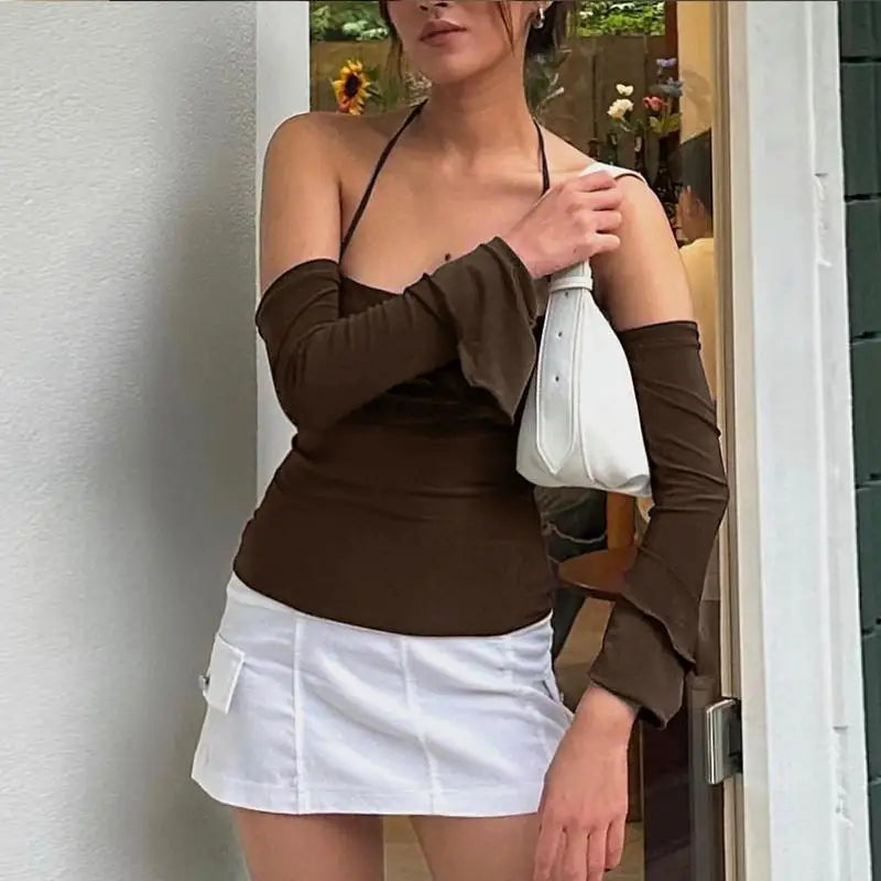 Vintage Off-Shoulder Long Sleeve Crop Top