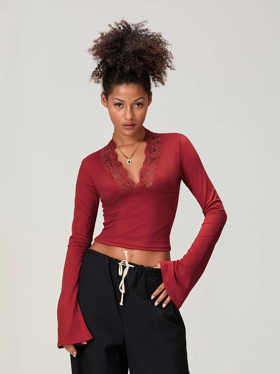 Elegant V-Neck Lace Patchwork Flared Sleeve Top