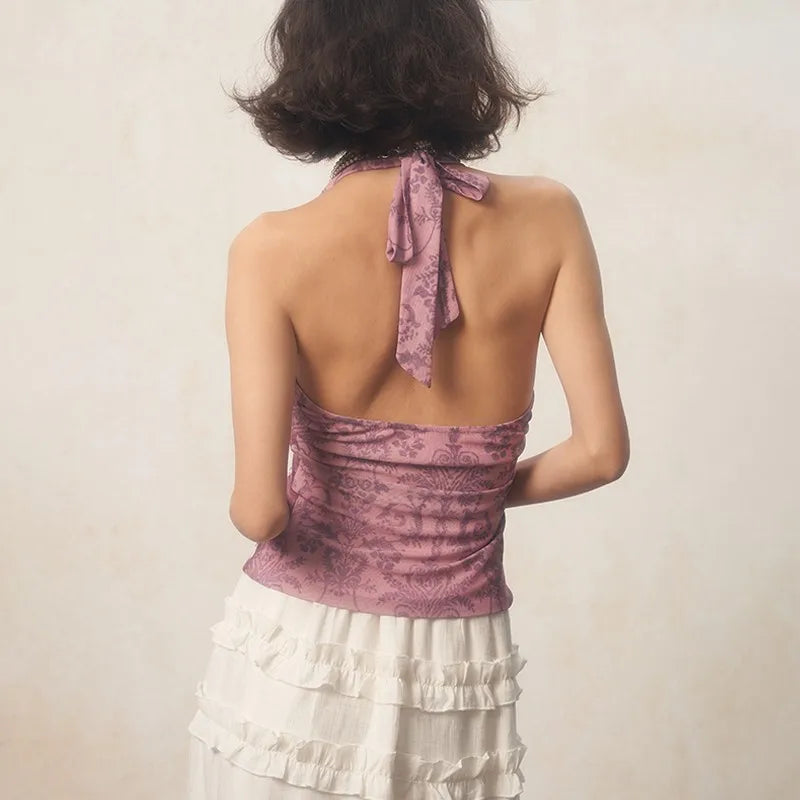 Grunge Flower Print Backless Camisole