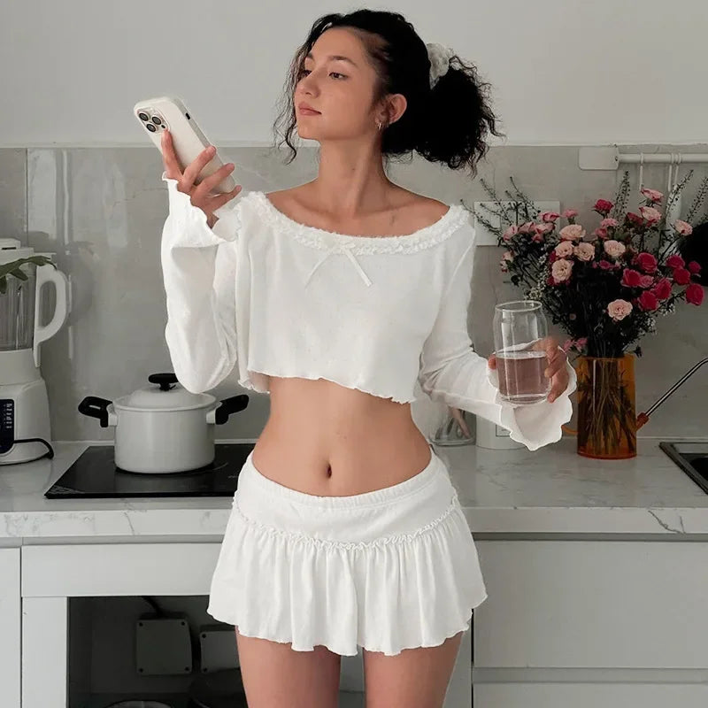 Long-sleeve crop top & low-rise mini skirt