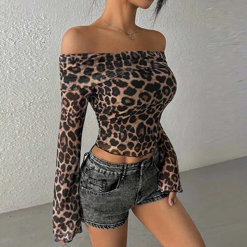 Leopard Print Slash Neck Crop Top