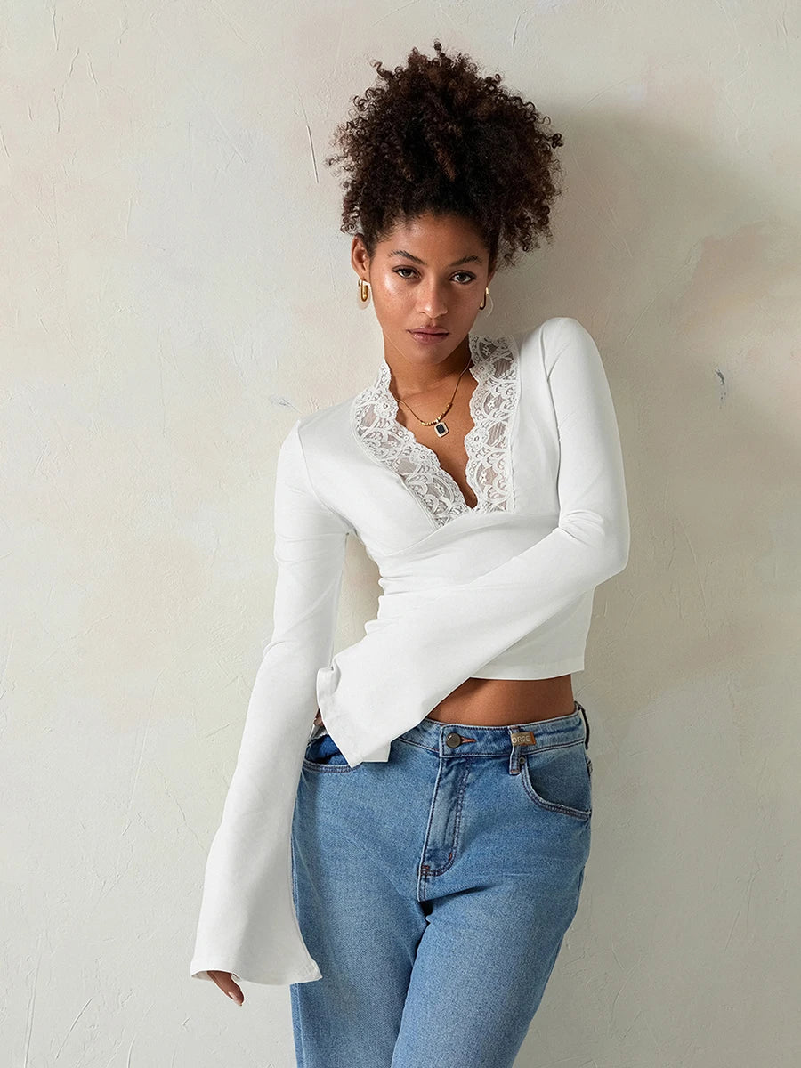 Elegant V-Neck Lace Patchwork Flared Sleeve Top