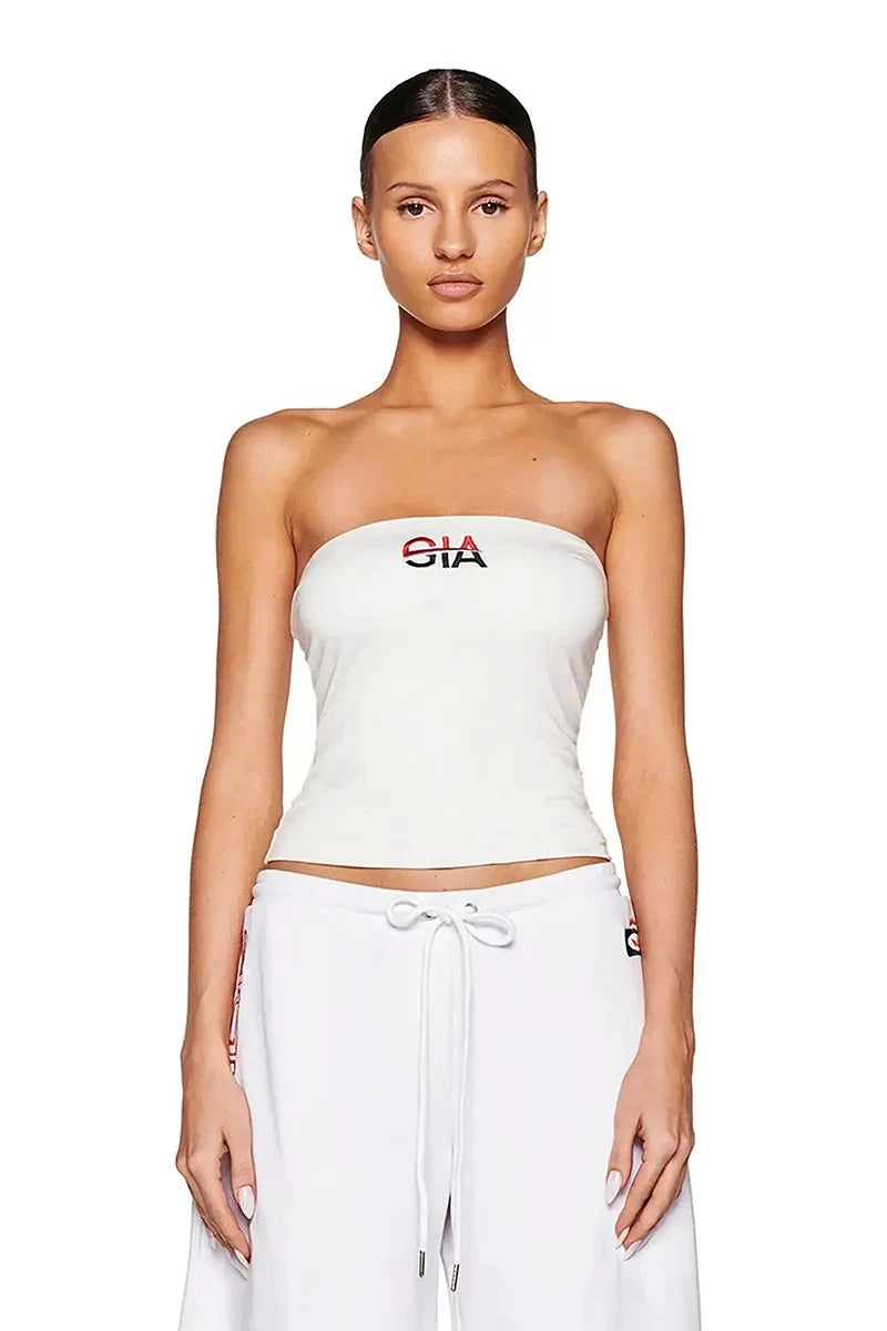 White Strapless Top & Embroidered Low-Rise Sweatpants