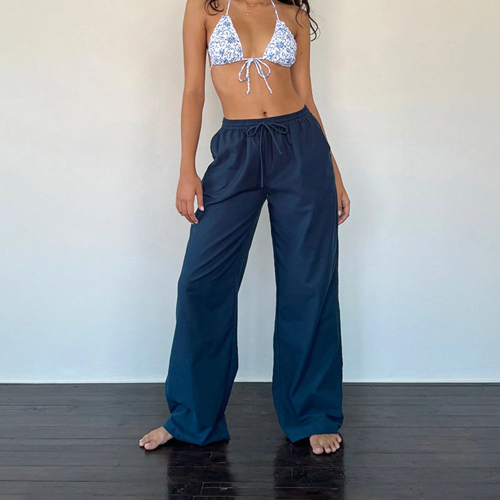 Plaid & Solid Color Wide-Leg Drawstring Pants