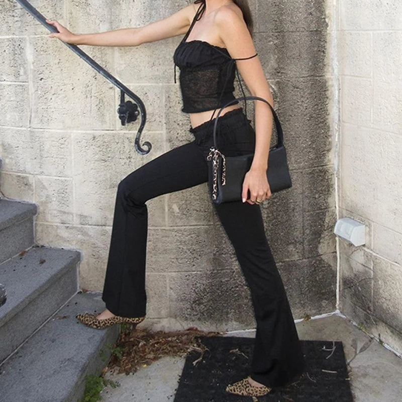 Goth Dark Y2K Ruffled Bandage Bootcut Pants