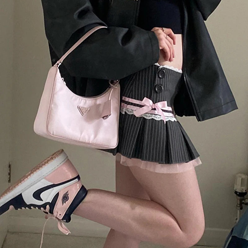 Sweet Pink Bow Stitched Pleated Mini Skirt
