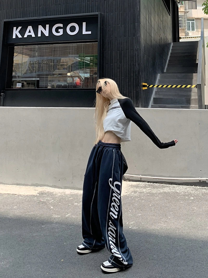 Vintage Letter Print Wide-Leg Joggers