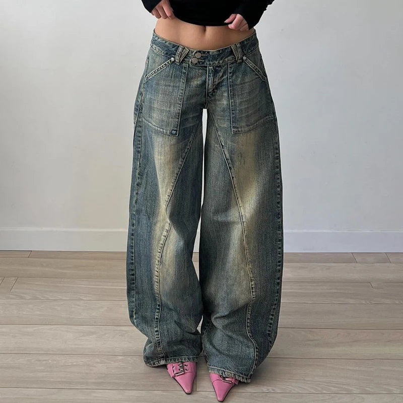 Vintage Washed Loose Fit Straight Leg Denim Jeans