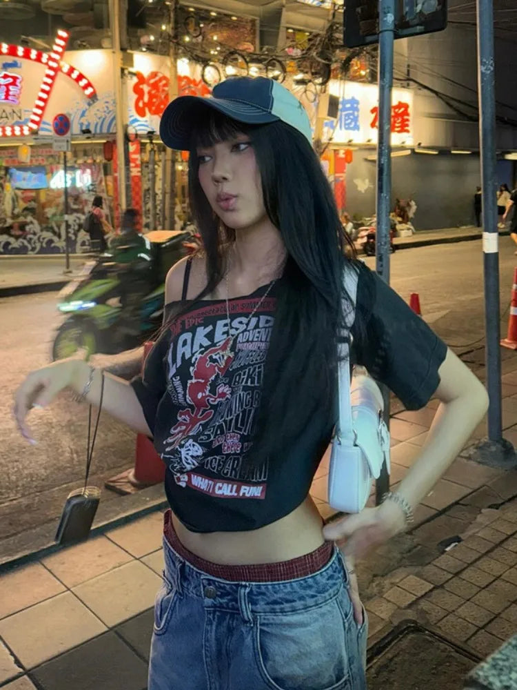 Y2K Letter Print Off-Shoulder Tee