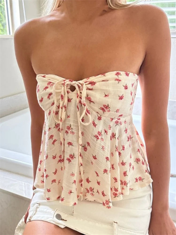 Strapless Off-Shoulder Ruched Floral Tube Top