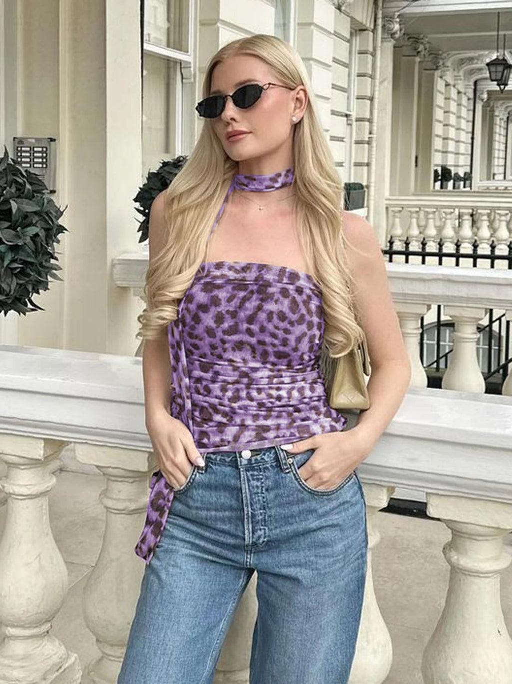 Mesh Leopard Print Scarf Strapless Draped Crop Top