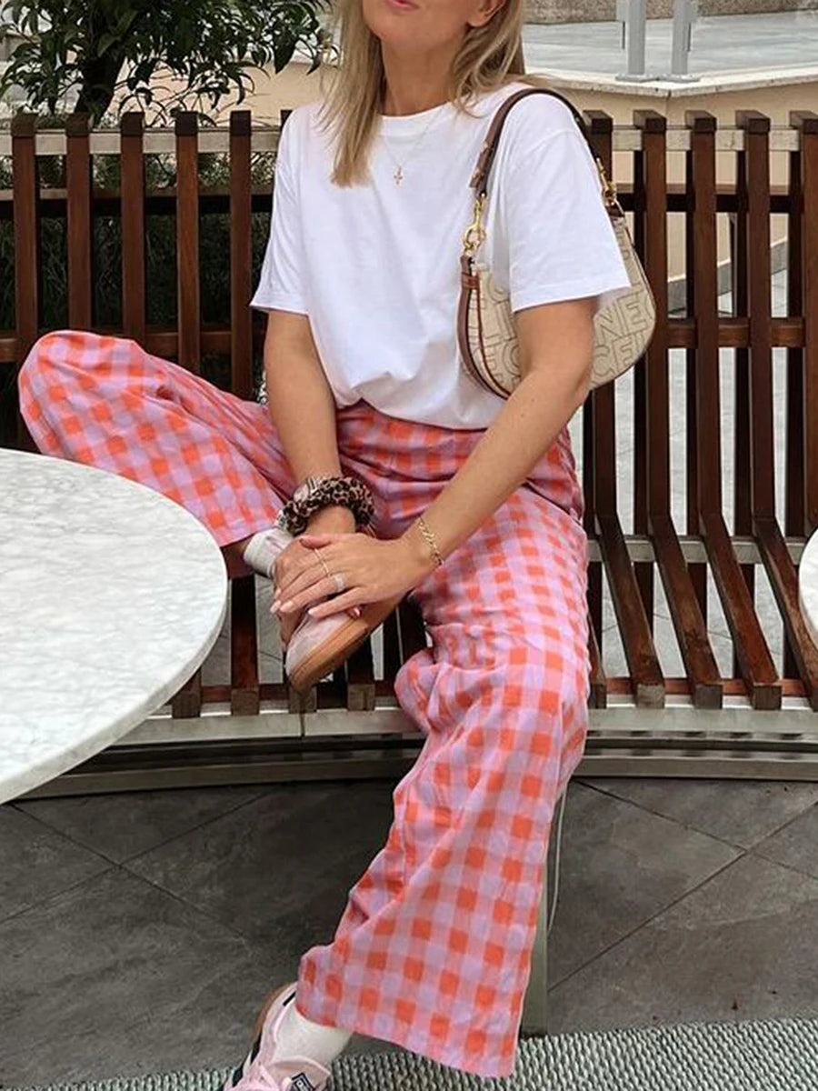 Vintage Plaid Print High-Waist Wide-Leg Pants