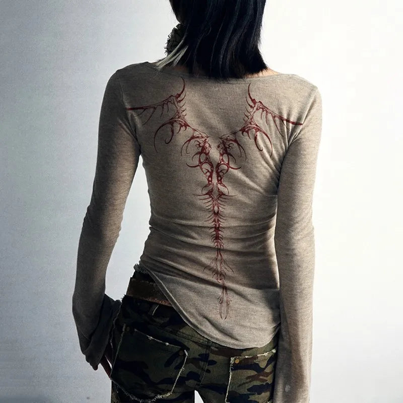 Grunge Tattoo Print Knitted Irregular Tee
