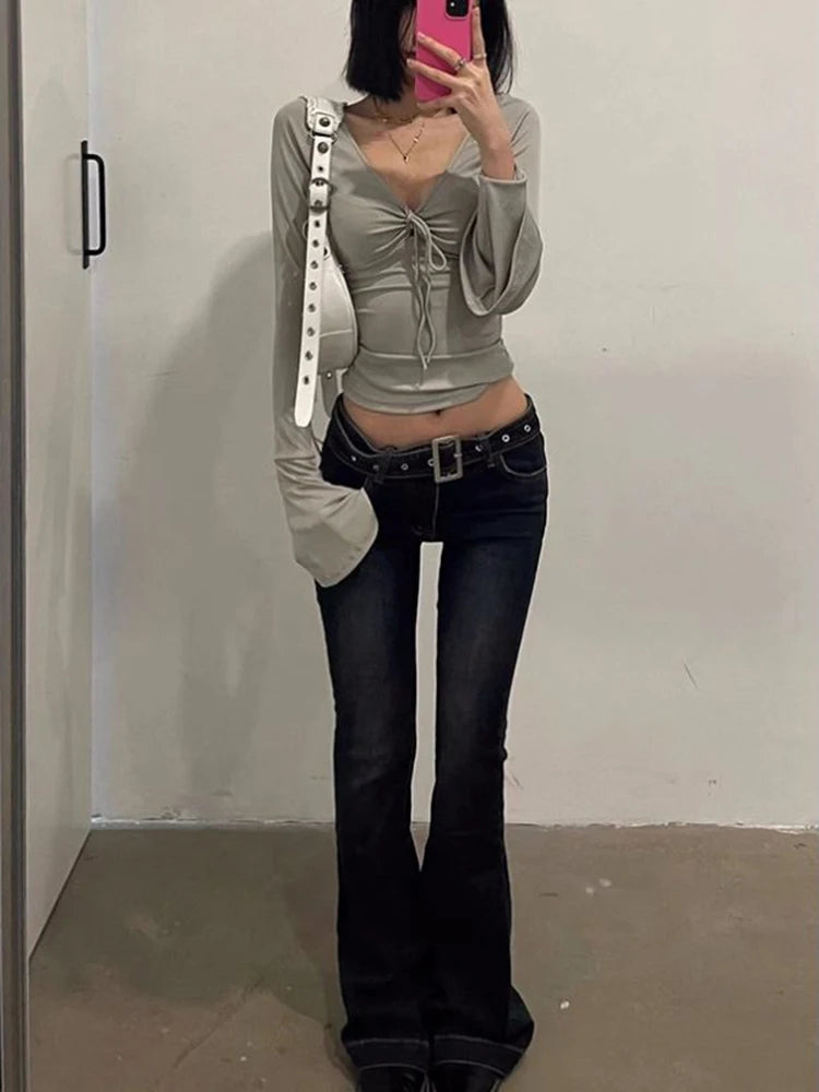 V-Neck Bandage Slim Fit Long Sleeve Top