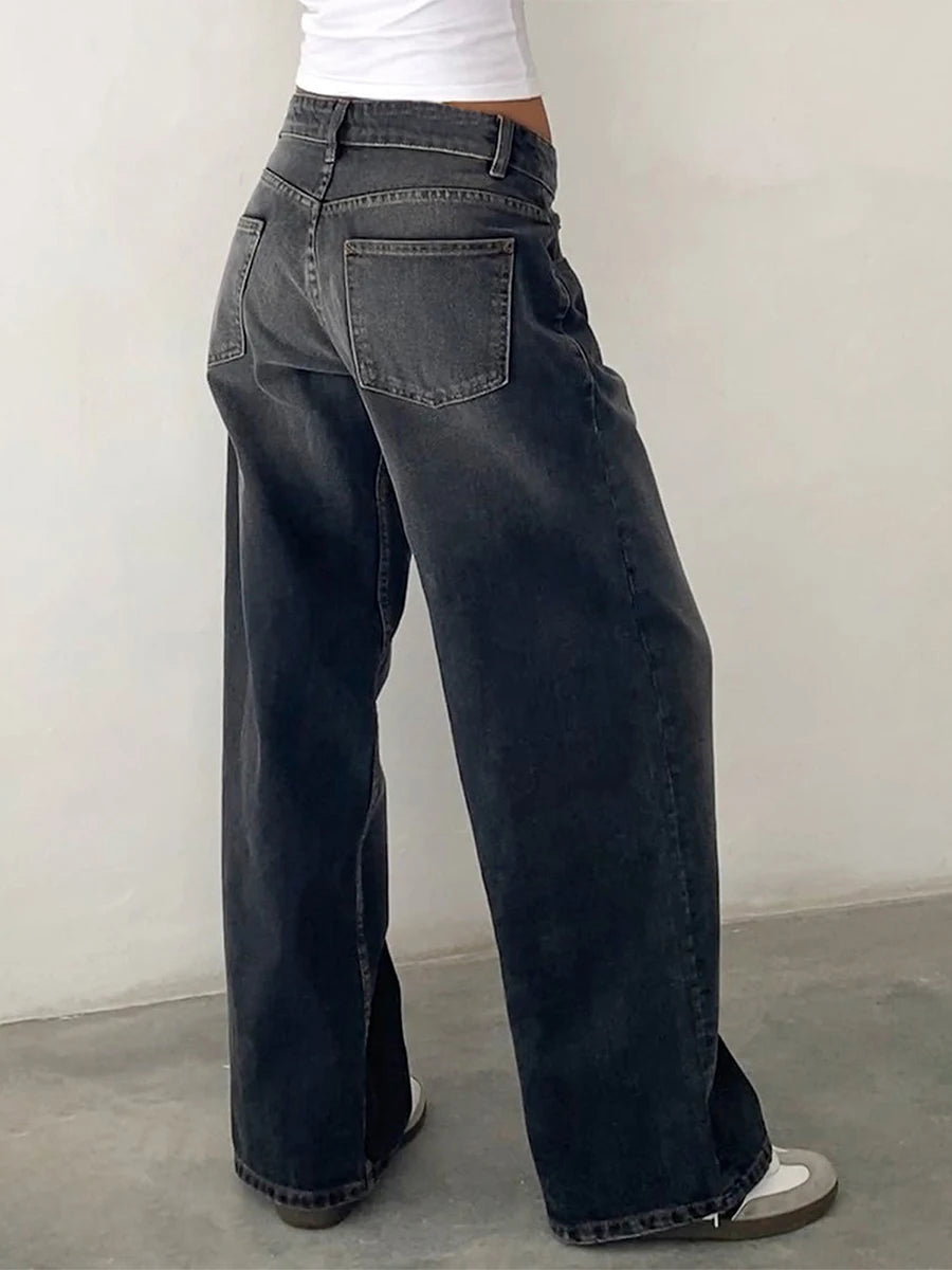 Y2K Vintage Zipper Button Low-Waist Baggy Jeans