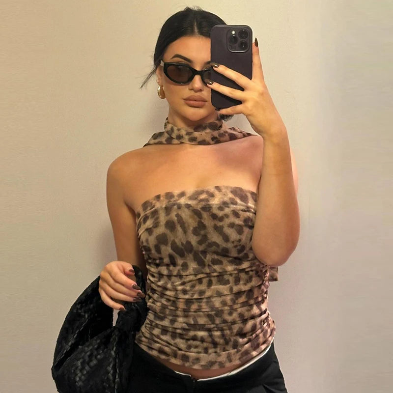 Mesh Leopard Print Scarf Strapless Draped Crop Top