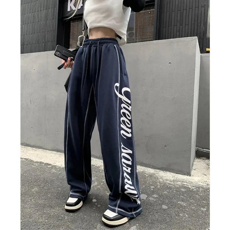 Vintage Letter Print Wide-Leg Joggers